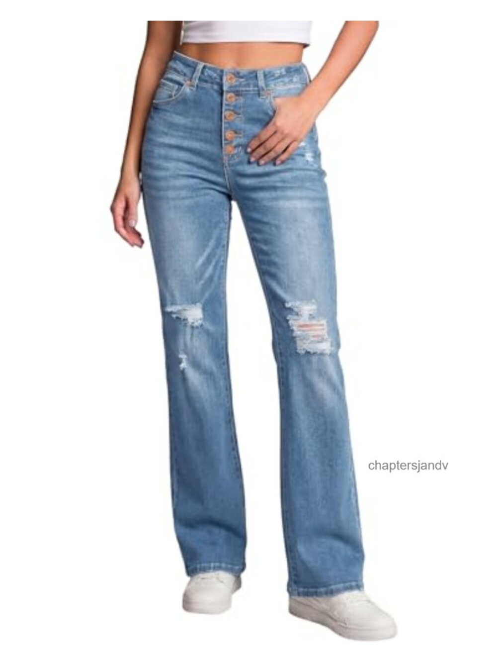 High Waisted Ripped Flare Jeans Button Fly Stretch Wide Leg